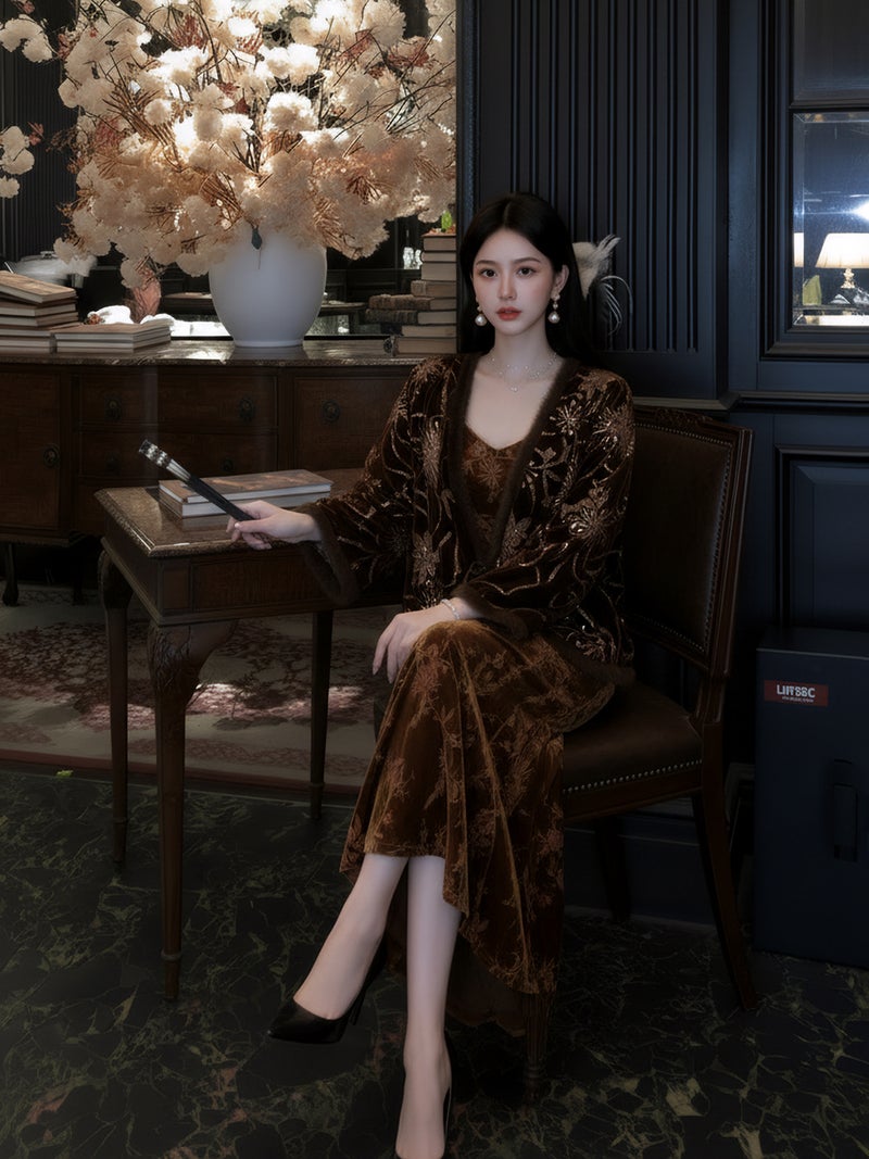 Yailla Versatile New Chinese Retro Rich and Noble Temperament Light Luxury Mink Fur Lined Embroidered Beaded Top and Jacket Set + V-Neck Jacquard Slip Dress Women'S Set Niche Design Tang Coat Suit - Image 4